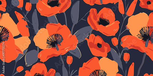 Vibrant red poppies with black centers and gray leaves on a navy blue background creating a seamless pattern perfect for textile prints wallpaper or packaging design