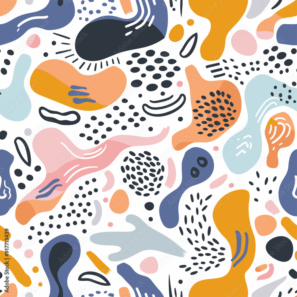 Seamless pattern with abstract shapes spots and lines in pastel colors on a white background. This cheerful and vibrant design is perfect for various projects like textiles wallpapers or packaging Seamless pattern with abstract shapes spots and lines in pastel colors on a white background. This cheerful and vibrant design is perfect for various projects like textiles wallpapers or packaging