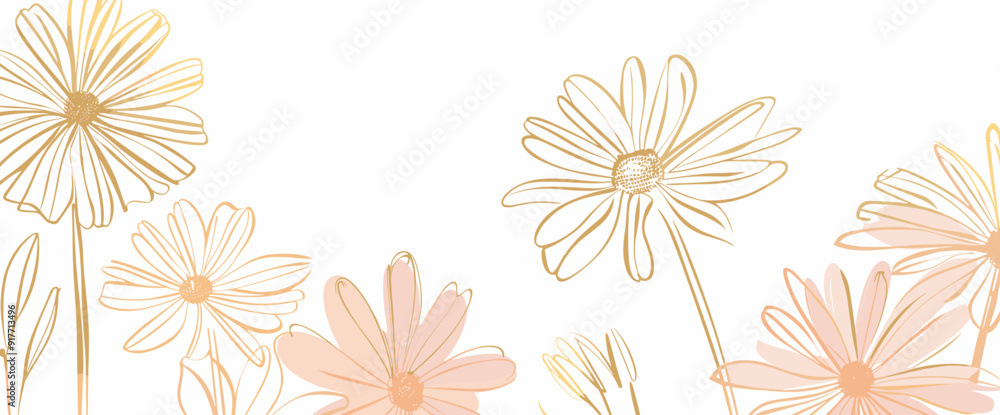 Obraz premium Delicate gold and pink floral design with a white background featuring stylized daisies perfect for invitations cards or decorative elements