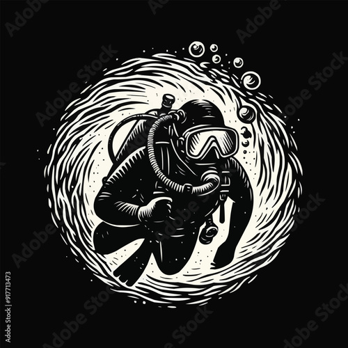 hand drawn scuba diver silhouette