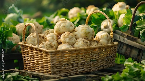 Realistic photo of basket or crate of vegetables with lots of Celeriac inside with beautiful yard or plantation background, 8k