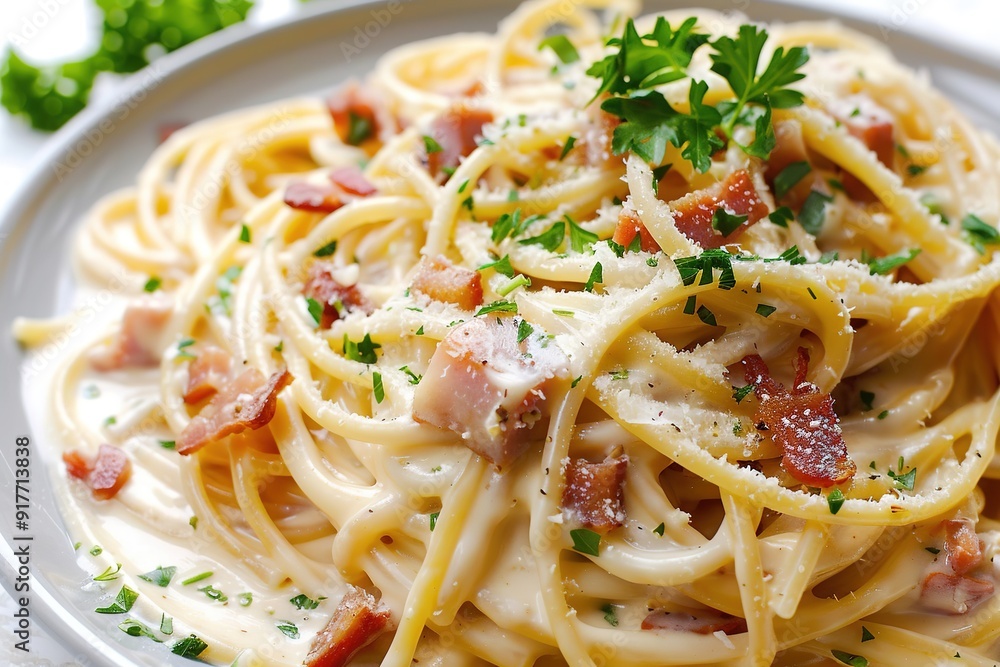Creamy spaghetti carbonara garnished with parsley. Creamy spaghetti carbonara garnished with parsley.