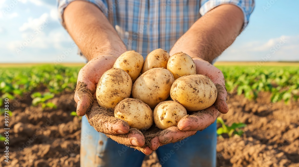 A farmer showcasing freshly harvested potatoes in hands, representing agriculture, farming, and organic produce. A farmer showcasing freshly harvested potatoes in hands, representing agriculture, farming, and organic produce.