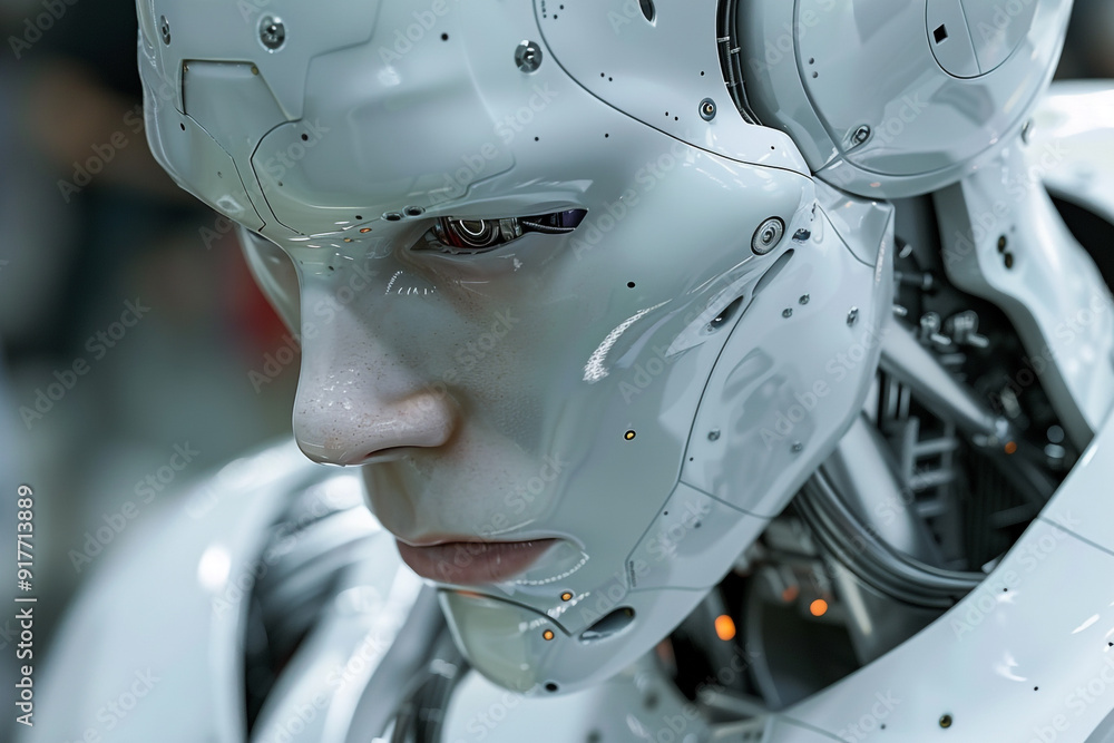 An ultra detailed close up view of a sophisticated humanoid robots face with a focus on its complex optical sensors and artificial skin An ultra detailed close up view of a sophisticated humanoid robots face with a focus on its complex optical sensors and artificial skin