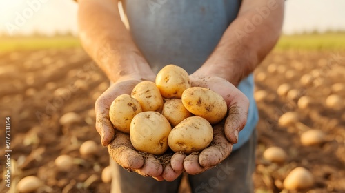 Freshly harvested potatoes in hands, representing hard work and farming in the golden light of sunset.