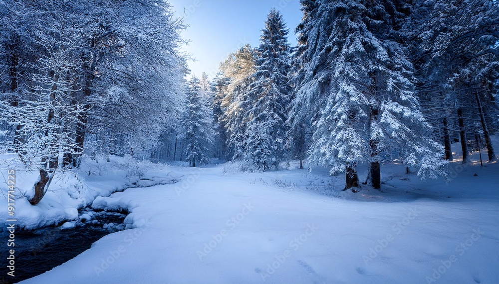 Obraz premium winter landscape featuring a dense forest blanketed in snow and ice. The tall evergreen trees are covered in thick layers of snow, creating a peaceful and cold atmosphere, a winter day in a pristine