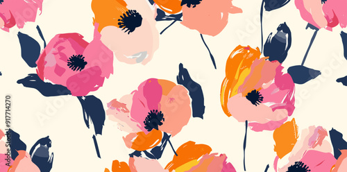 Vibrant floral pattern featuring pink, orange, and yellow flowers on a cream background. Perfect for textile design, wallpaper, or any creative project requiring a stylish floral motif.