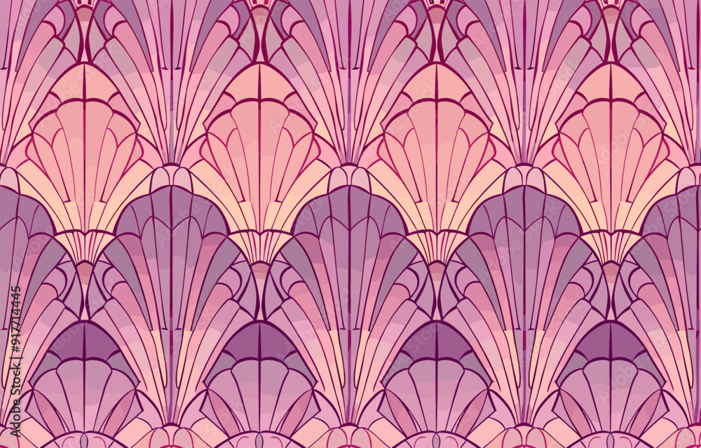 Fototapeta premium Seamless geometric pattern with abstract floral shapes in shades of pink and purple. This pattern has a vintage feel with an art deco aesthetic.