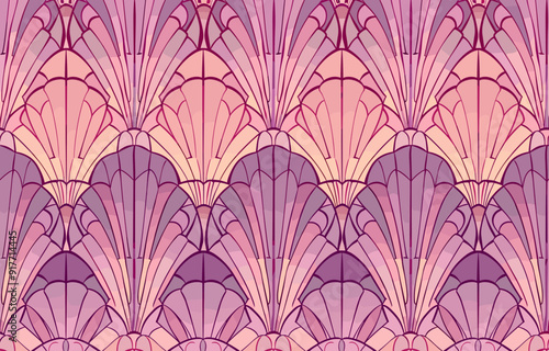 Seamless geometric pattern with abstract floral shapes in shades of pink and purple.  This pattern has a vintage feel with an art deco aesthetic.