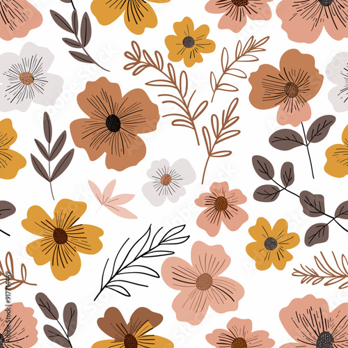 Seamless pattern with hand drawn floral elements in various colors and shapes on a white background This vibrant pattern features brown yellow pink and white flowers leaves and branches It is ideal fo