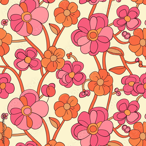 A seamless pattern featuring a vintage style floral design with pink and orange flowers on a cream background.