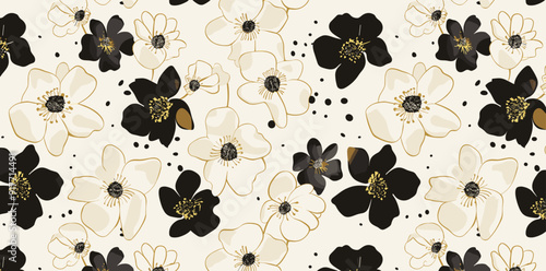 Seamless pattern with black and white flowers and gold accents. The design is perfect for fabric, wallpaper, and other decorative applications.