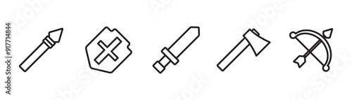 Set of icon weapons. Collection of weapons outline icons such as sword, axe, bow, spear, shield, crossbow, scimitar and rapier vector illustration in transparent background. Game icon, Eps10