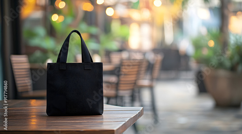 Black Tote Bag Mockup on Wooden Table