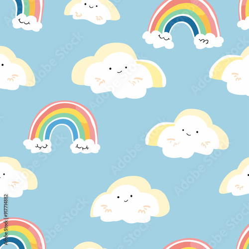 A cheerful seamless pattern featuring colorful rainbows and clouds with happy faces against a light blue background, perfect for children's designs.