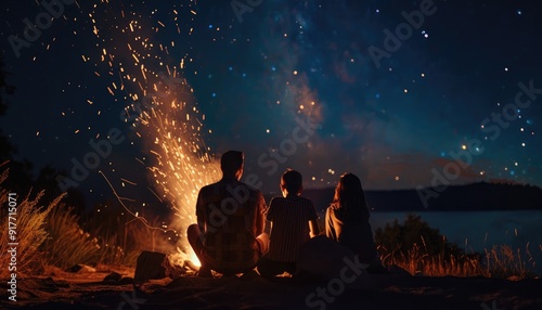 Family Watching Fireworks by the Lake