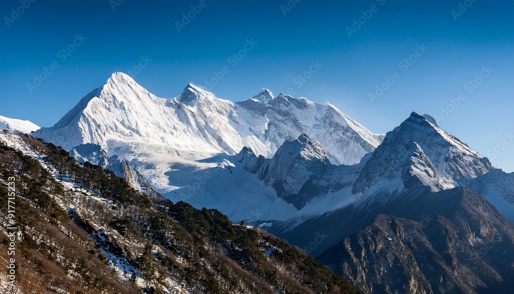A breathtaking view of the Lijiang Snow Mountain, showcasing its majestic peaks covered in pristine white snow under a clear blue sky, travel, adventure, and environmental conservation, natural A breathtaking view of the Lijiang Snow Mountain, showcasing its majestic peaks covered in pristine white snow under a clear blue sky, travel, adventure, and environmental conservation, natural