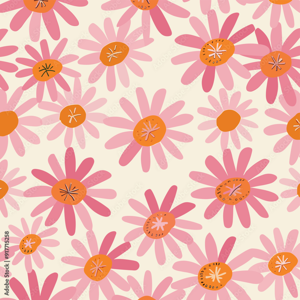 Seamless pattern with pink and orange daisy flowers on a light yellow background. The pattern is perfect for textile wallpaper wrapping paper and other creative projects Seamless pattern with pink and orange daisy flowers on a light yellow background. The pattern is perfect for textile wallpaper wrapping paper and other creative projects