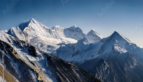 A breathtaking view of the Lijiang Snow Mountain, showcasing its majestic peaks covered in pristine white snow under a clear blue sky, travel, adventure, and environmental conservation, natural