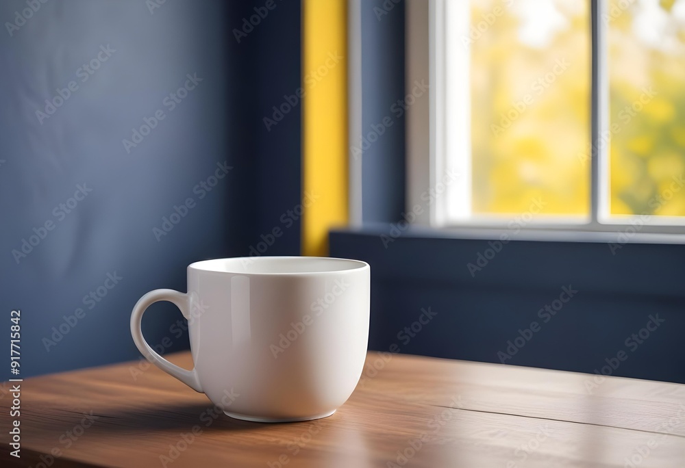 White mug on wooden table indoors. Mockup for design White mug on wooden table indoors. Mockup for design