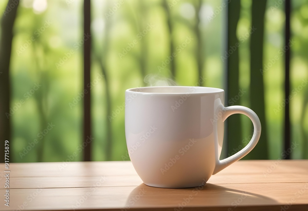 White mug on wooden table indoors. Mockup for design White mug on wooden table indoors. Mockup for design