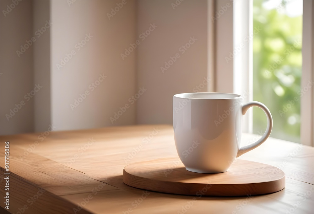 White mug on wooden table indoors. Mockup for design White mug on wooden table indoors. Mockup for design