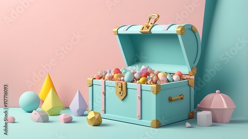 Blue treasure chest with gold accents against pink background. Ideal for fantasythemed designs, childrens illustrations, and adventure concepts. photo