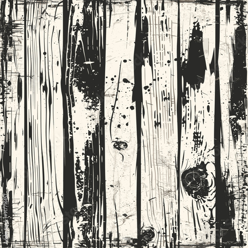 Abstract black and white woodgrain texture depicting a weathered distressed surface with visible knots and grain patterns The image can be used for a variety of design purposes such as backgrounds pat