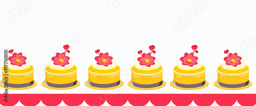 Six yellow cakes with pink flowers on top, lined up on a red scalloped border against a white background.