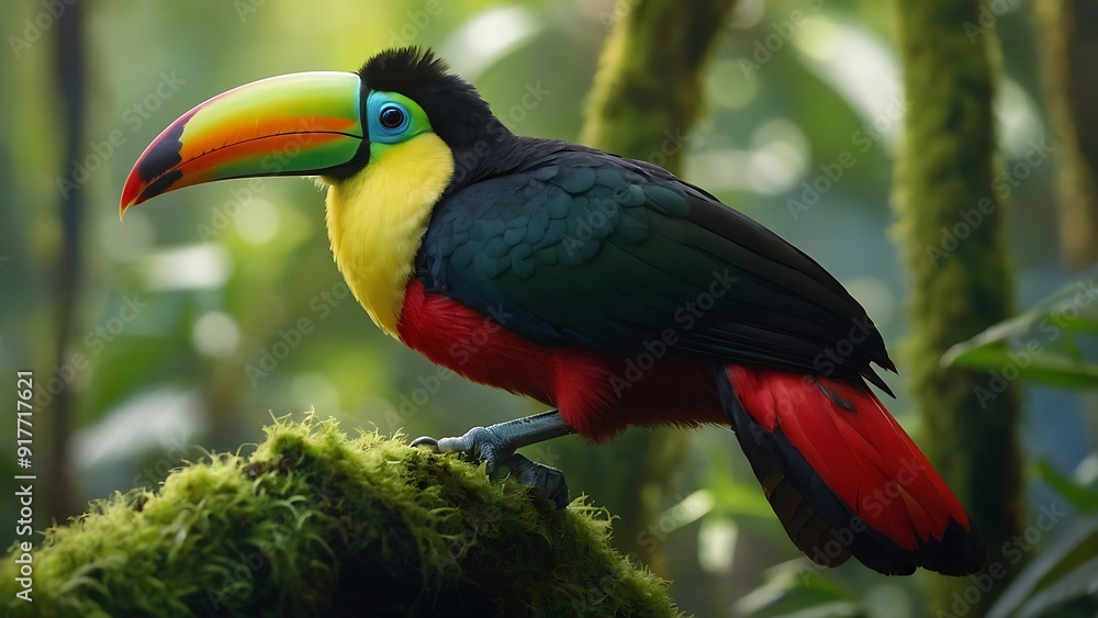 Obraz premium Vibrant Toucan Bird Perched on a Moss-Covered Branch in a Lush Tropical Rainforest