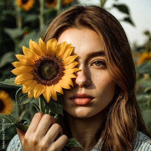 a beutiful girl hide her face with sunflower, realistic image, high resulation image photo