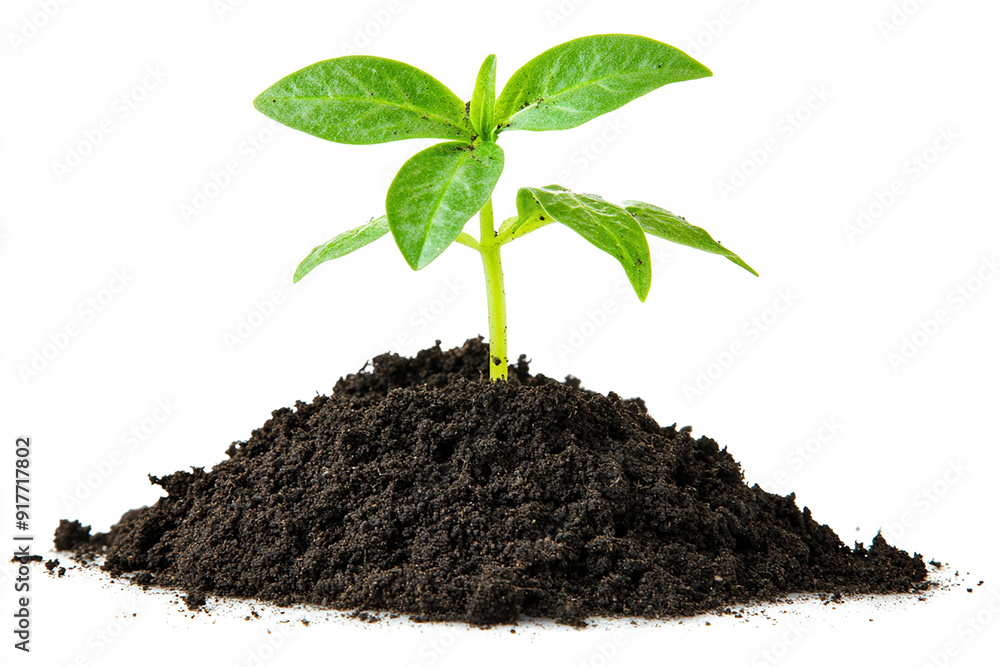 A green sprout growing from the soil isolated on a white background A green sprout growing from the soil isolated on a white background