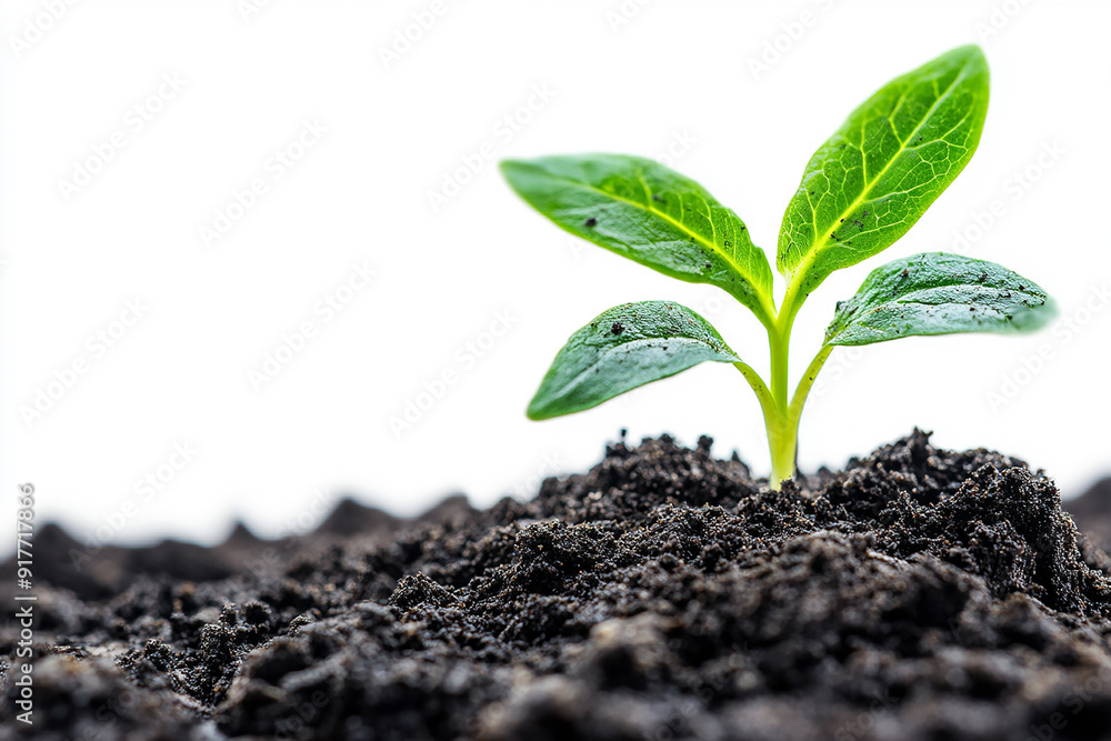A green sprout growing from the soil isolated on a white background A green sprout growing from the soil isolated on a white background