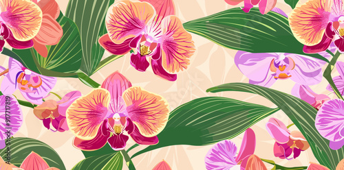 A vibrant seamless pattern featuring delicate pink purple and orange orchids with lush green leaves on a soft beige background This captivating design is perfect for adding a touch of elegance and nat