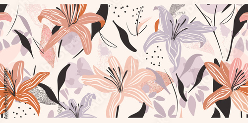 Abstract floral seamless pattern with lilies leaves and abstract shapes in pink purple and orange on a cream background