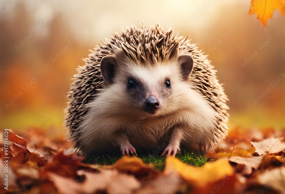 A Cute Hedgehog Sitting in Autumn Leaves with a Beautiful Fall Landscape in the Background. Banner with Space for Text
A Cute Hedgehog Sitting in Autumn Leaves with a Beautiful Fall Landscape in the Background. Banner with Space for Text