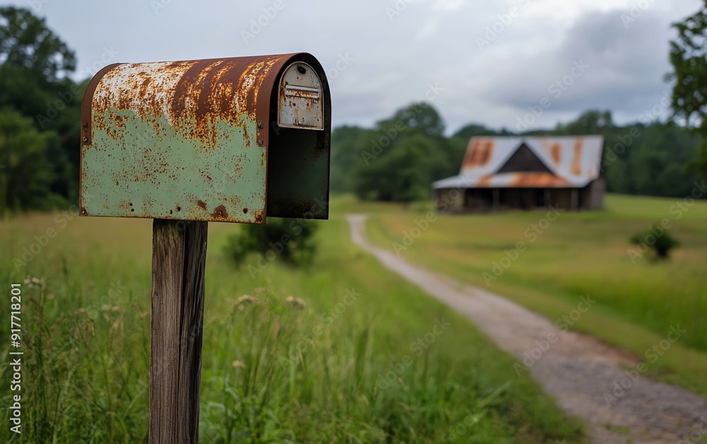 A weathered, old-fashioned mailbox with chipped paint and rusted edges, standing on a crooked post in front of an abandoned farmhouse A weathered, old-fashioned mailbox with chipped paint and rusted edges, standing on a crooked post in front of an abandoned farmhouse