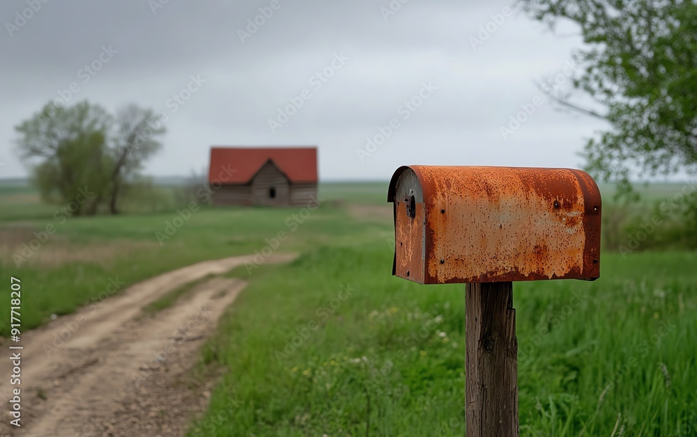 A weathered, old-fashioned mailbox with chipped paint and rusted edges, standing on a crooked post in front of an abandoned farmhouse A weathered, old-fashioned mailbox with chipped paint and rusted edges, standing on a crooked post in front of an abandoned farmhouse
