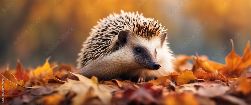 A Cute Hedgehog Sitting in Autumn Leaves with a Beautiful Fall Landscape in the Background. Banner with Space for Text
A Cute Hedgehog Sitting in Autumn Leaves with a Beautiful Fall Landscape in the Background. Banner with Space for Text
