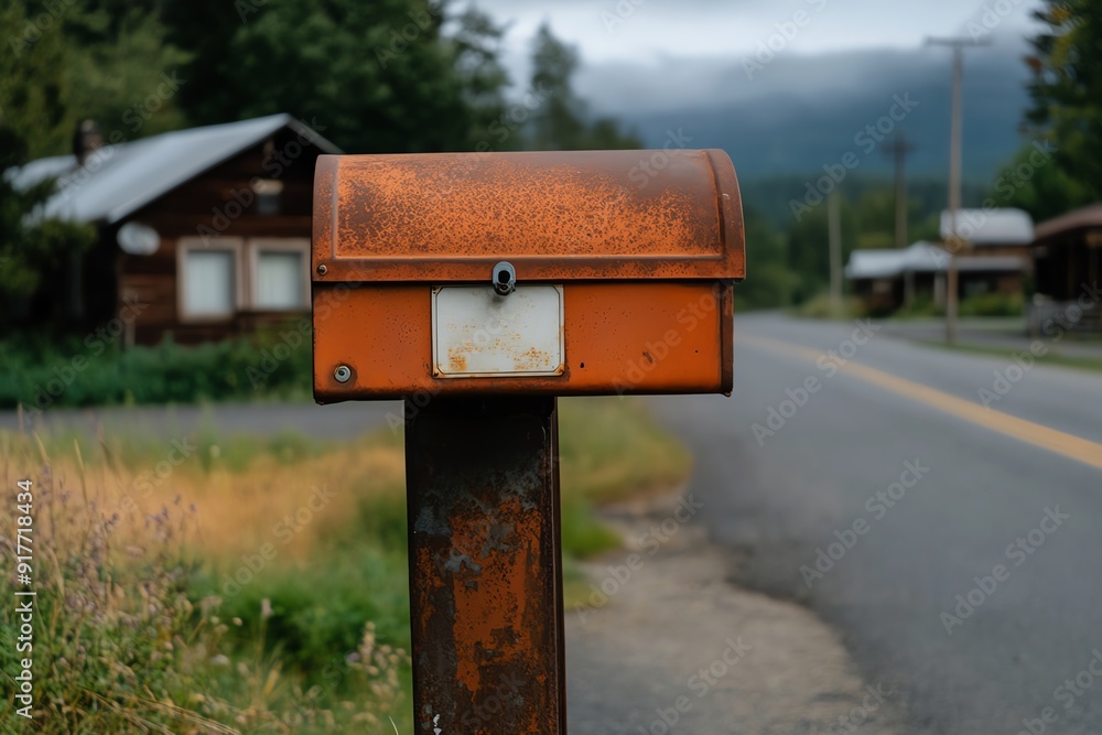 Close-up of an old-fashioned mailbox with a curved lid and peeling paint, standing on a rusty metal post in front of a small town general store Close-up of an old-fashioned mailbox with a curved lid and peeling paint, standing on a rusty metal post in front of a small town general store