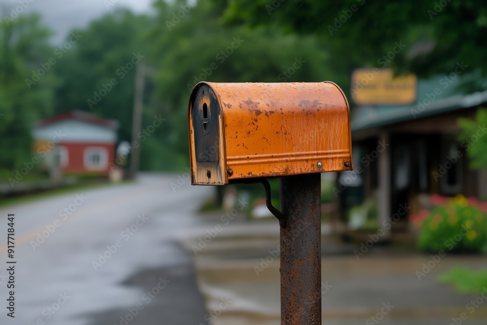 Close-up of an old-fashioned mailbox with a curved lid and peeling paint, standing on a rusty metal post in front of a small town general store Close-up of an old-fashioned mailbox with a curved lid and peeling paint, standing on a rusty metal post in front of a small town general store