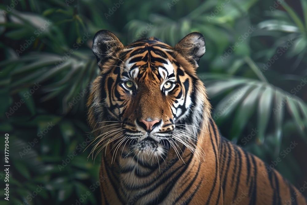 Majestic tiger gazing amid lush foliage. Majestic tiger gazing amid lush foliage.