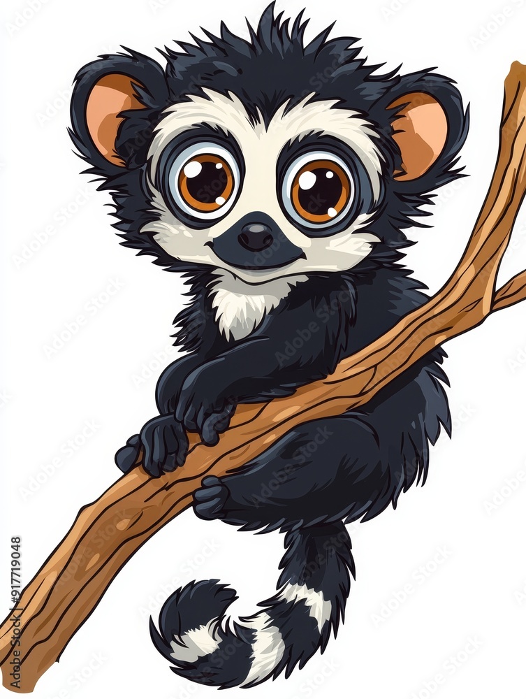 Obraz premium Cute Cartoon Lemur with Big Eyes on a Branch