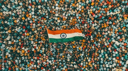 Indian Flag Over Crowded Gathering Aerial View of Unity and National Pride