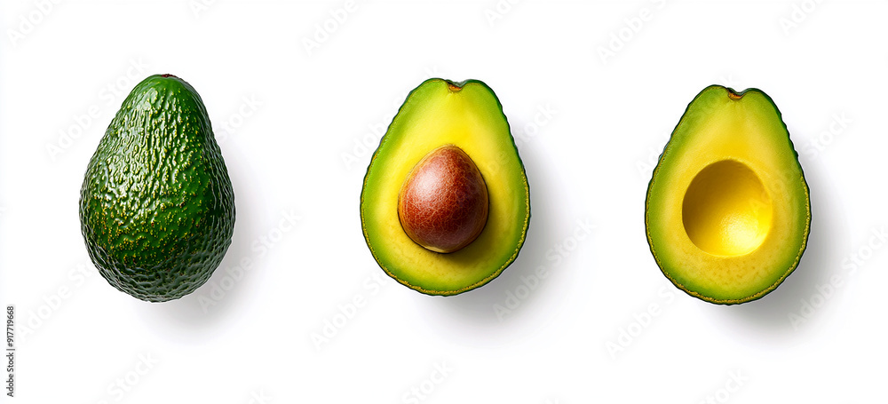 Three avocadoes, one is whole and two avocados cut in half with the pit visible on white background Three avocadoes, one is whole and two avocados cut in half with the pit visible on white background
