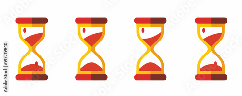 Set of four flat vector illustrations of hourglasses with red sand showing different stages of time passing