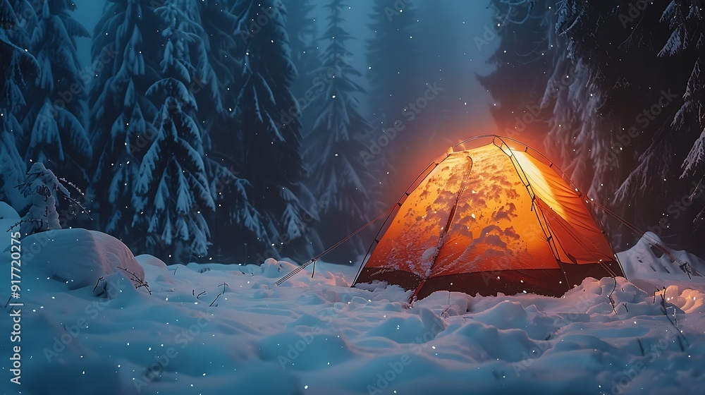 A cosy winter camping with a tent covered in snowfall and cozy light coming from inside