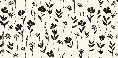 Black and white seamless pattern with abstract flowers and leaves This simple yet elegant design is perfect for creating a variety of projects from textiles and wallpaper to stationery and digital des