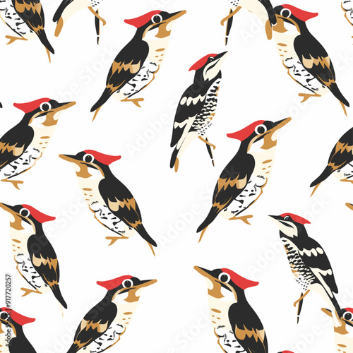 A seamless pattern featuring woodpeckers with red heads and black and white markings, set against a white background. The pattern is ideal for fabric, wallpaper, or other design projects.
