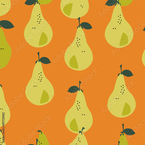 A seamless pattern featuring green pears with black seeds on an orange background. The repeating pattern is perfect for creating textile prints, wallpapers, and other decorative designs.
